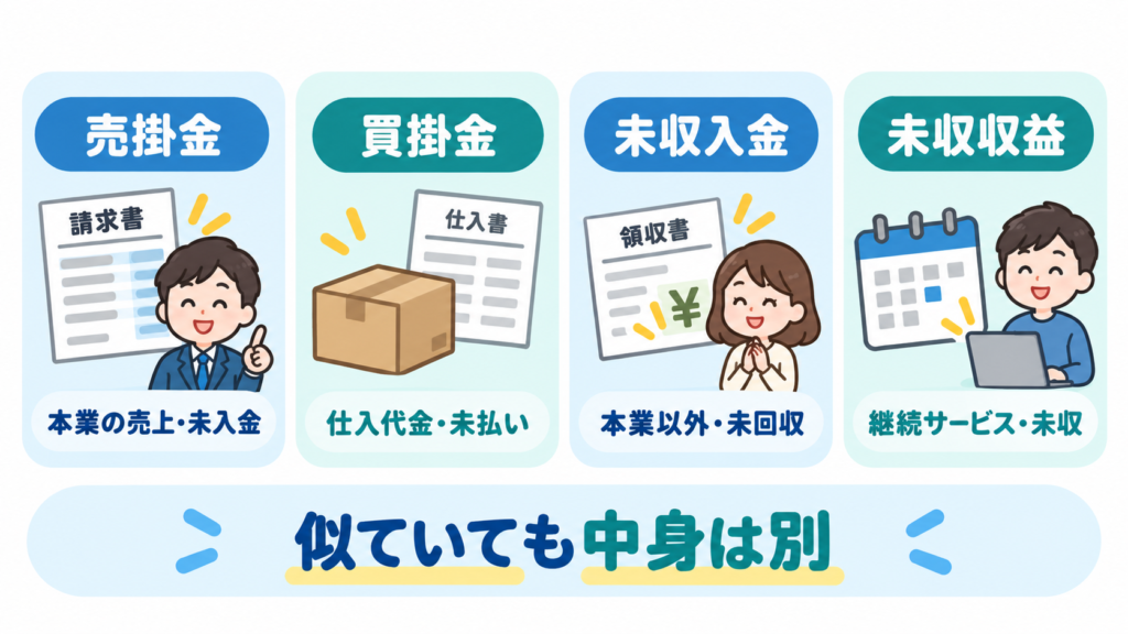 売掛金・買掛金・未収入金・未収収益の違いを比較した図解