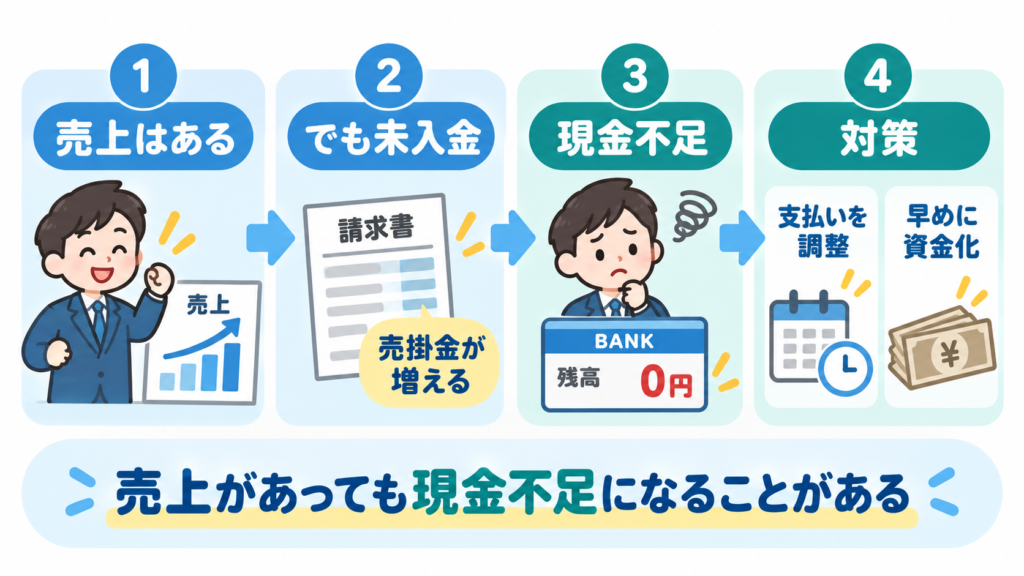 売上があっても売掛金の未入金によって現金不足になる流れと対策を示した図解