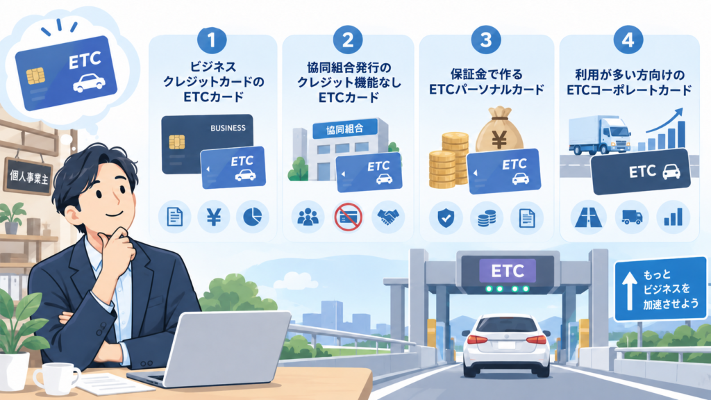 個人事業主向けに、事業用ETCカードの選び方や種類の違いをわかりやすく整理したイメージ画像