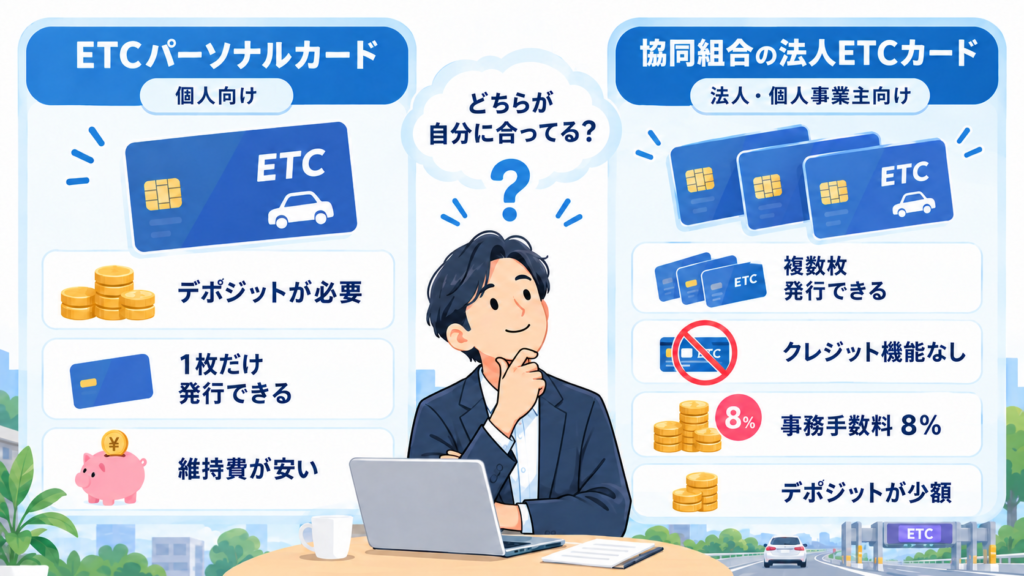 法人ETCカードとETCパーソナルカードの違いを比較しながら確認できるイメージ画像