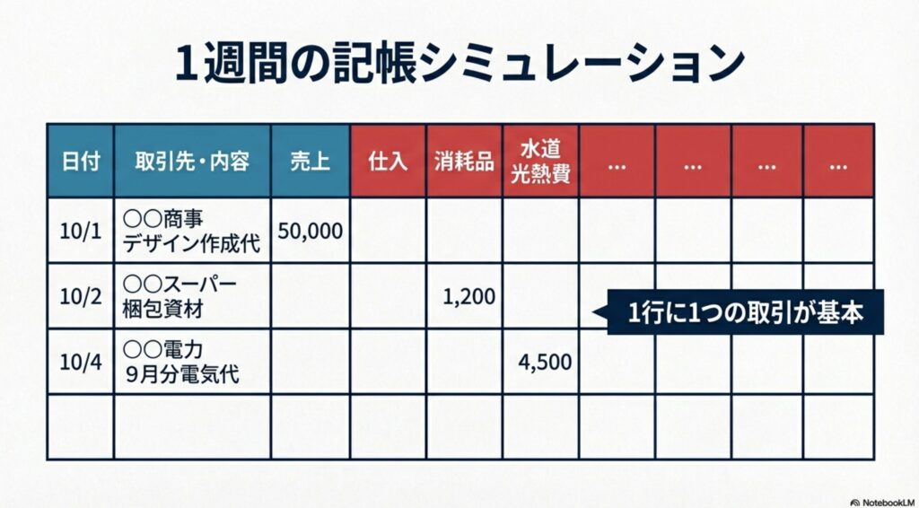 1週間の記帳例のスライド