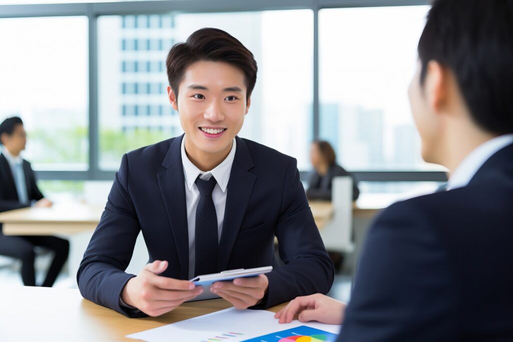 話を聞くスーツ姿の男性