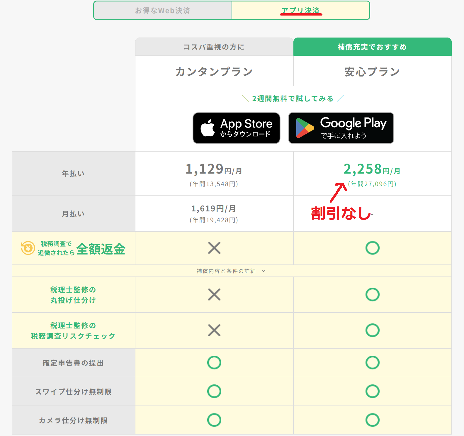 タックスナップの「アプリ決済」画面