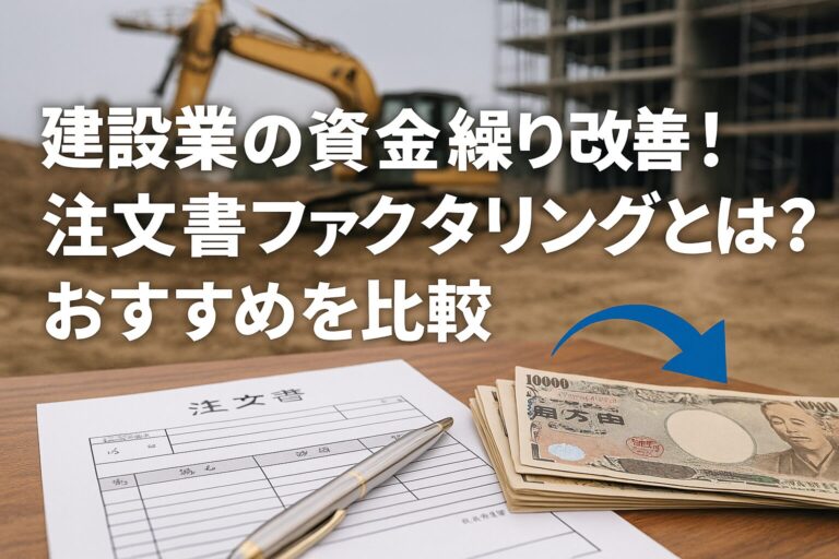 それでは、アイキャッチ画像を作成してください。 著作権上問題が生じない画像を作成してください。 ・全体条件をすべて守り、見出しや文章の内容に最適なものを作成してください。 ・必ず画像はダウンロードできるように作成してください。 【全体条件】 画像サイズ：16:9 横長 スタイル：実写形式 著作権上問題のない画像 日本語コンテンツ向け 【画像内容】 アイキャッチ画像 → 記事タイトル：建設業の資金繰り改善！注文書ファクタリングとは？おすすめを比較