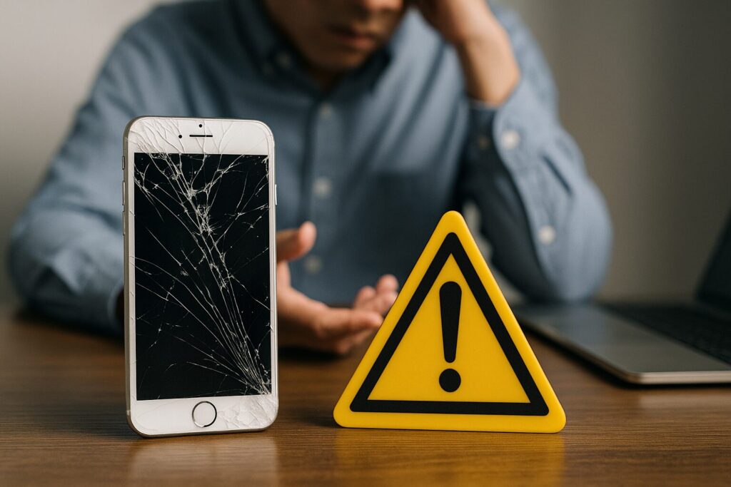 電源が入らないひび割れスマホとビックリマーク