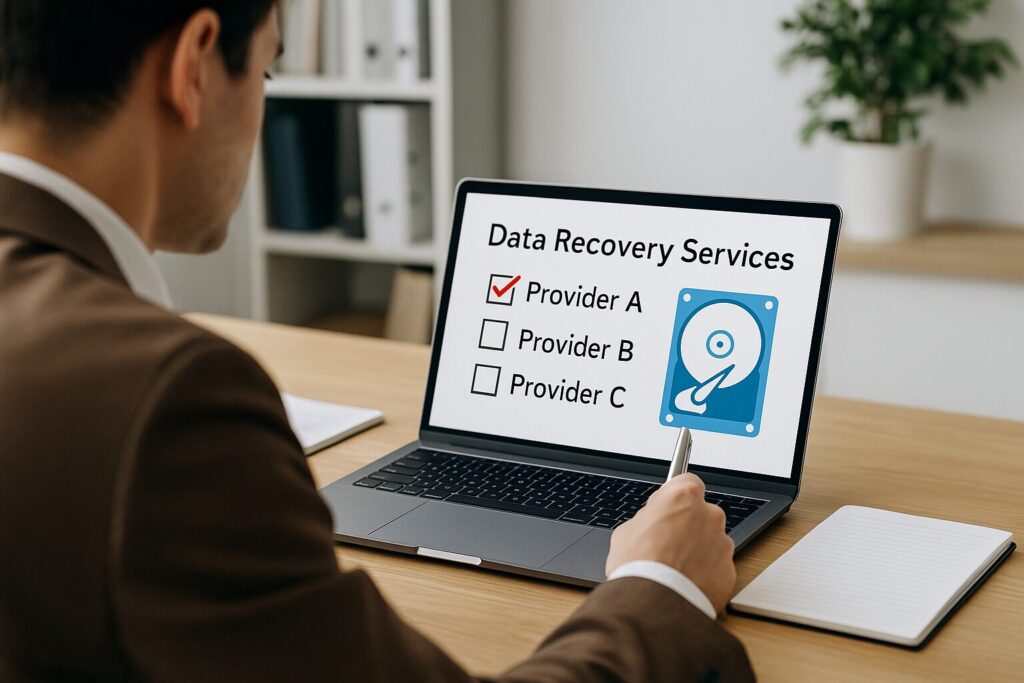 パソコンにデータ復旧業者が複数表示されている