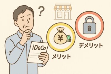 男性がiDeCoの資料をみて、メリットとデメリットを考えている