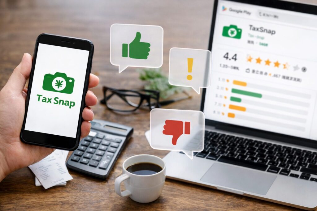 スマホを手に持ったまま、パソコンで口コミや評判を確認しているイメージ画像