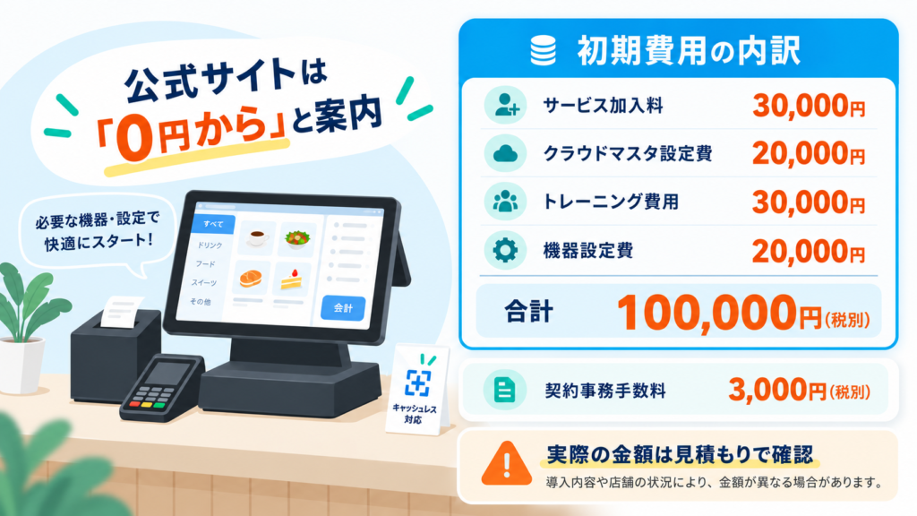 USENレジの初期費用内訳|サービス加入料3万円、クラウドマスタ設定費2万円、トレーニング費用3万円、機器設定費2万円で合計10万円(税別)