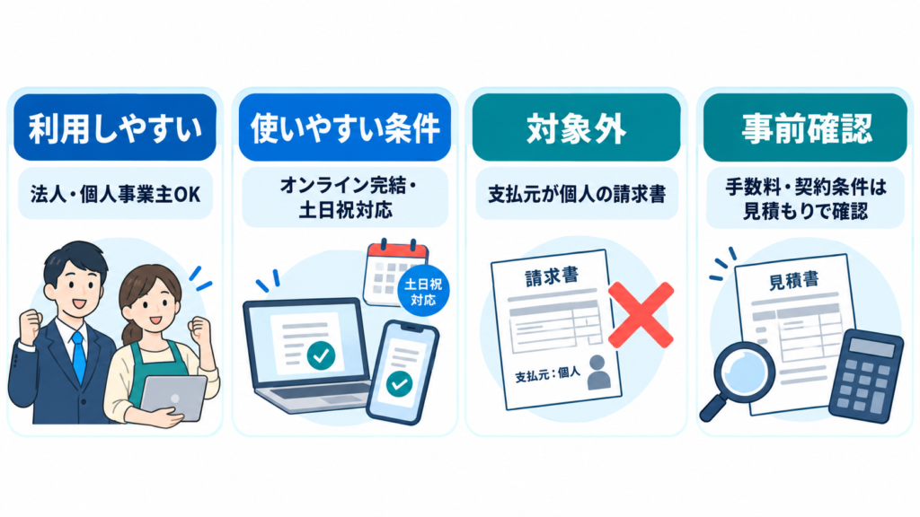 日本資金支援センターを利用するメリットと対象外の請求書・契約前の確認ポイントを示す図