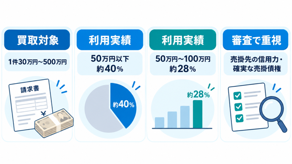 日本資金支援センターの買取額30万円から500万円と利用金額帯・審査で重視するポイントを示す図