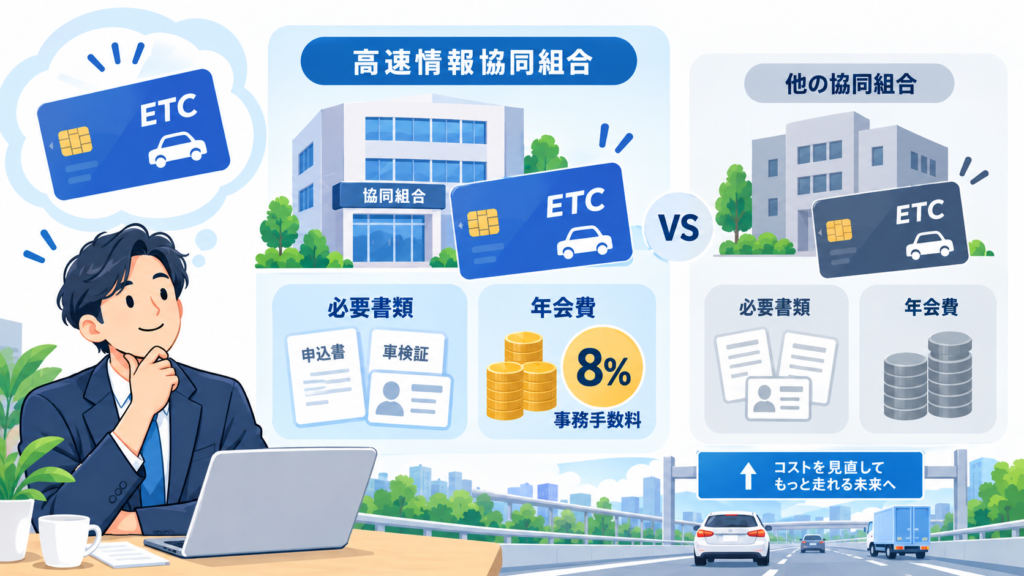 高速情報協同組合の法人ETCカードについて、費用や仕組みの比較ポイントをまとめたイメージ画像