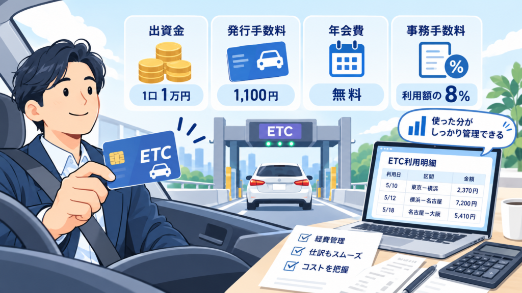 ETC協同組合の法人ETCカードの特徴や、事業用の高速代管理のイメージを表した図解画像